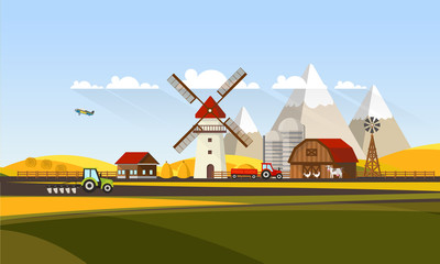 Colorful Flat Design of Agricultural Rural Landscape, Vector Illustration.