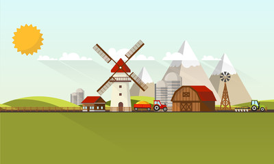 Colorful Flat Design of Agricultural Rural Landscape, Vector Illustration.
