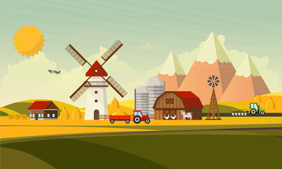 Colorful Flat Design of Agricultural Rural Landscape, Vector Illustration. © Droidworker