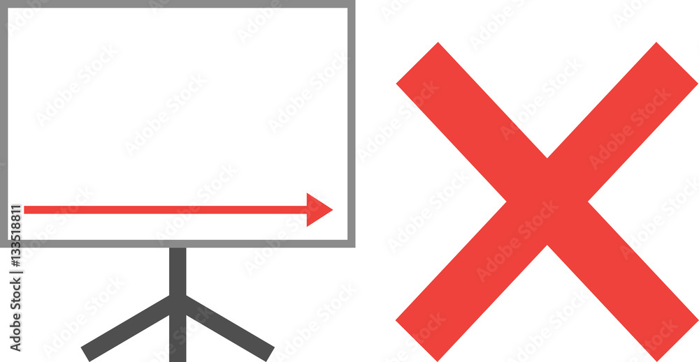 Poster arrow pointing right down on board with x mark