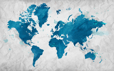 Illustrated map of the world on crumpled paper. White Horizontal background.