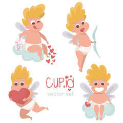 Cupid in various positions isolated. Cute baby boy cupid with heart.Vector Illustration