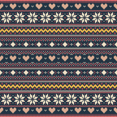Winter vector pixel Valentine's Day background with hearts and snowflakes