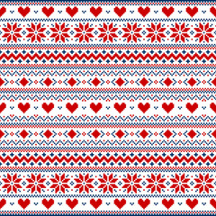 Red and blue pixel Valentine's Day vector background with hearts and snowflakes