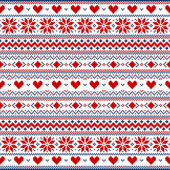 Red and blue pixel Valentine's Day vector background with hearts and snowflakes