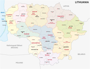 Administrative and political vector map of the Baltic republic of Lithuania