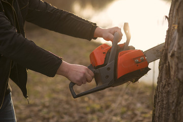 hands holding a chainsaw