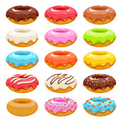 Colorful donuts icons set. Sweet bakery vector.