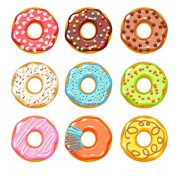 Colorful donuts icons set. Sweet bakery vector.