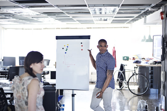 Businessman giving a presentation to colleague in the office