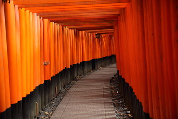 Red Tori Gate at Fushimi Inari Shrine in Kyoto , Japan