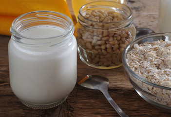 Homemade yogurt with cedar nuts, oatmeal and honey