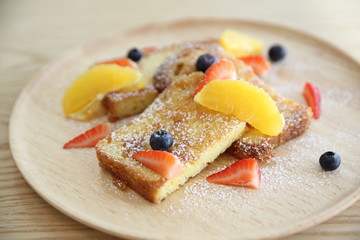 French Toast Sticks with Maple Syrup and mix fruits