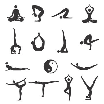 Yoga fitness icons. 
Fifteen black  Icons of different yoga positions. Vector available.