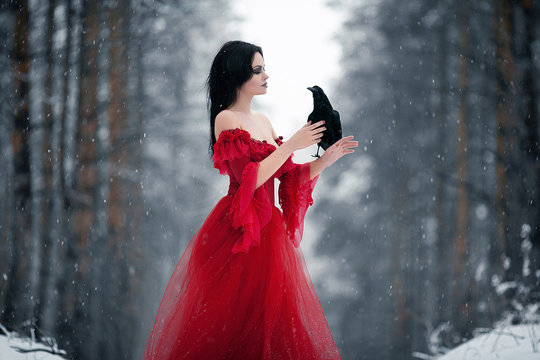 Woman witch in red dress and with raven in her hands in snowy fo