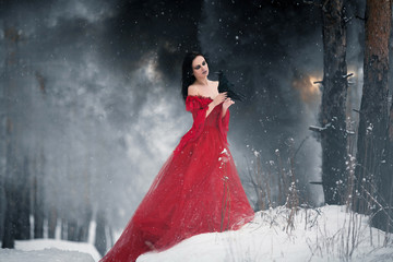 Woman witch in red dress and with raven in her hands in snowy fo