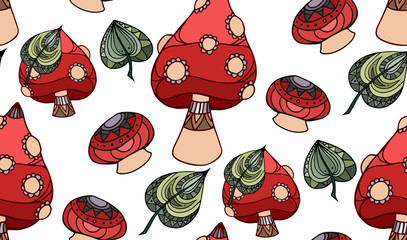 Seamless texture with poisonous mushroom Amanita, decorated boho pattern. Doodle element. Vector element for wraps, wallpaper and your design. © veleri_kz