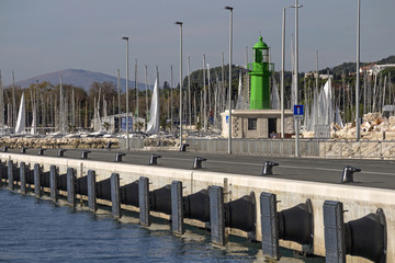 Steel bollards and bumpers on new concrete pier in port of Split in Croatia