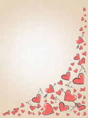 Beautiful love hearts on vintage background. Valentine Day background with pink hand drawn hearts. Happy Valentine day, wedding elements. Doodle hearts, angel wings and arrows. Raster illustration. 