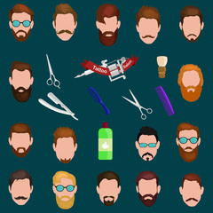 Set of men cartoon hairstyles with beards and mustache. Collection  fashionable stylish   . Vector illustration  isolated hipsters  on a white background.