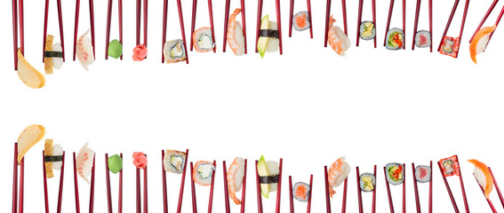 Sushi set in wooden red chopsticks isolated on white background