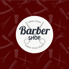 Fototapeta premium Barber Shop or Hairdresser background set with hairdressing scissors, shaving brush, razor, comb for man salon vector illustration