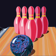 Five pin bowling lane, the ball rolling into a full set of pink pins.
