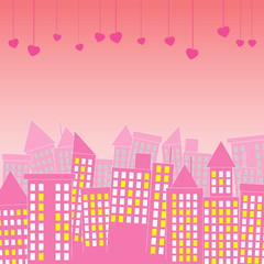 Lovely scne of city town with hanging pink heart