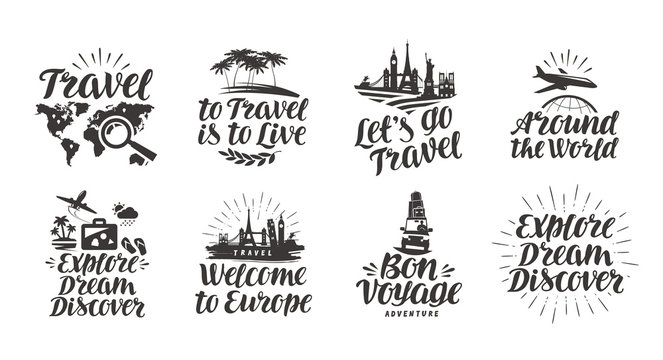 Travel, journey set icons. Handwritten lettering. Label vector illustration