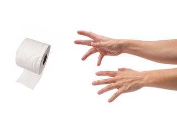 asian male hands reaching out for toilet paper