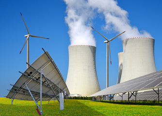Solar panels, wind turbines and nuclear power plant. Energy resources concept. 