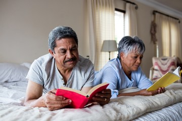 Senior couple reading books on bed