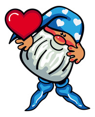 Cute gnome in long hat holding heart. Vector clip art.