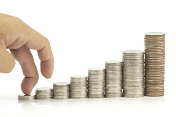 finger walking  on pile of coins, concept in growth, finance, account and success in business step by step