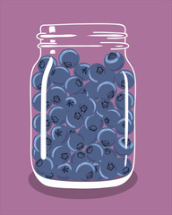 Blueberries in mason jar. Heap of fresh natural berries for smoothie or milkshake in a jar, isolated. Vector hand drawn illustration eps10. - 133527804