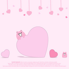 Cute bear behind big heart and hanging heart with pink background in romance and valentine concept