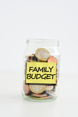 Isolated glass jar with family savings label filled with coins