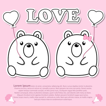 Lovely couple cute bear with pink heart balloon in Valentine concept