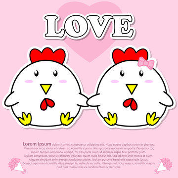 Lovely couple cute Cock hold hands together in Valentine and paper cut sticker concept