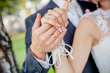 Fototapeta premium Bride and groom holding hands