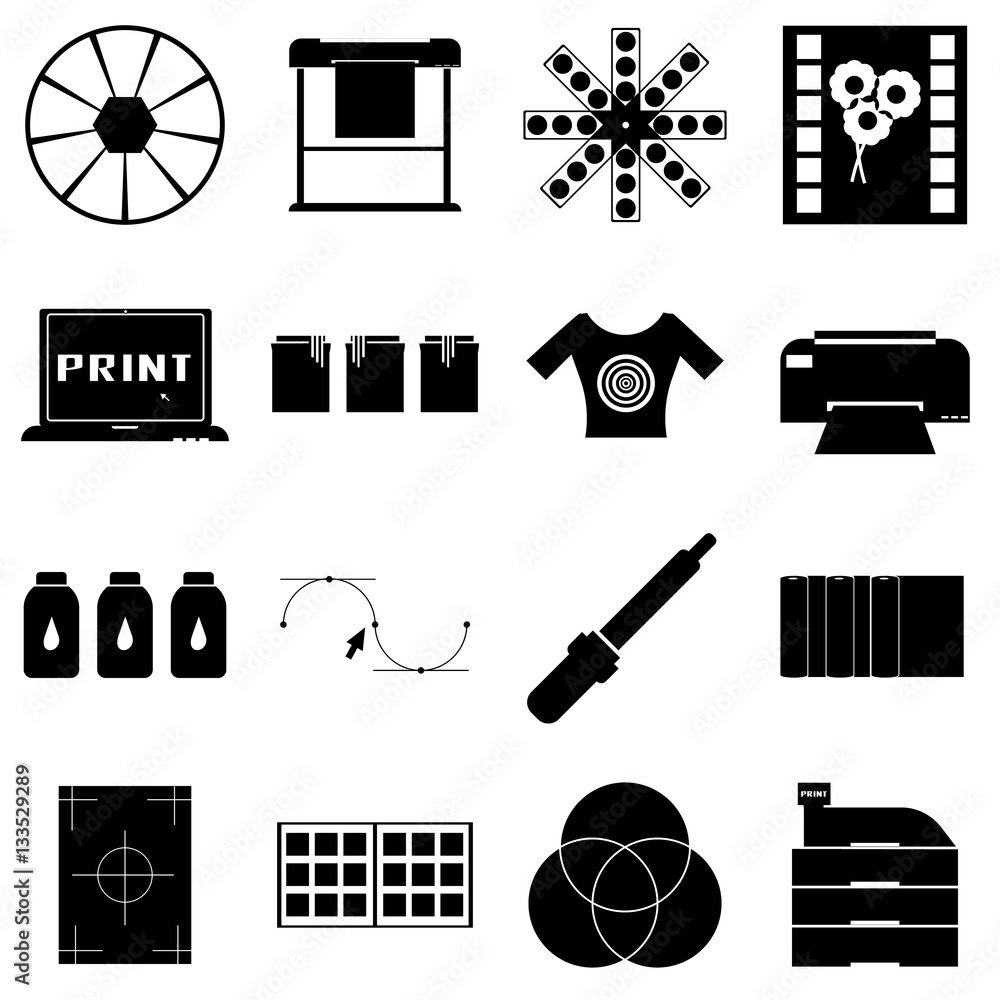 Poster print items icons set, simple style