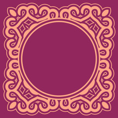 Violet round ornamental background with decorative frame. Retro napkin design in flat and simple style