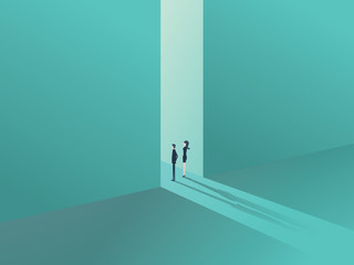 Business people standing in a gate or door as a symbol of business opportunity or career progress. Corporate metaphor for growth and success.