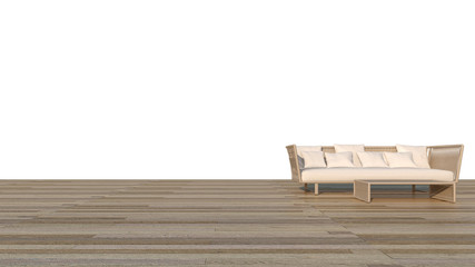 Rattan Sofa with white background & wooden floor / 3D Rendering