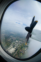 Plane propeller seen through the window