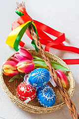 Traditional Czech easter decoration - regional whip with ribbons with tulip and decorated red eggs in the wicker scuttle. Spring easter holiday arrangement.
