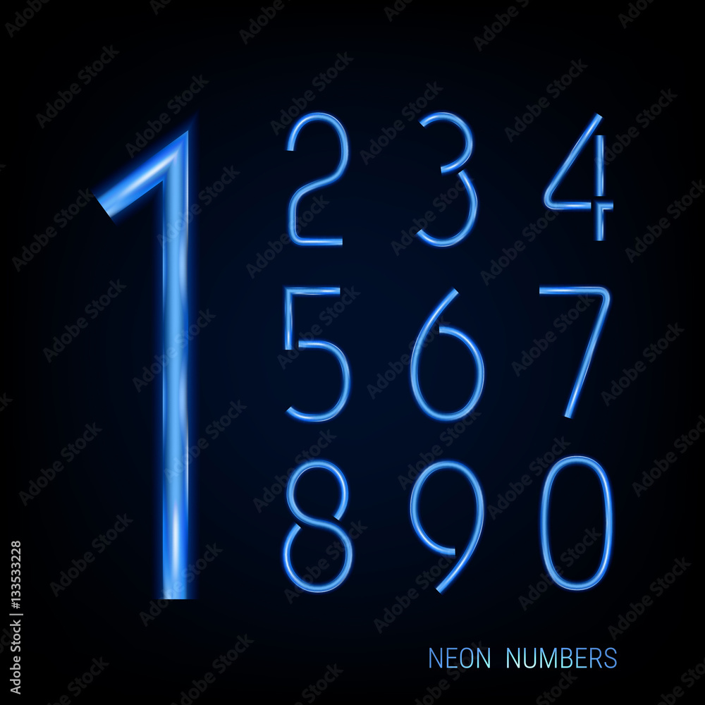 Poster neon figures. numbers creates a grid. isolated objects. glow elements and soft color transitions. or