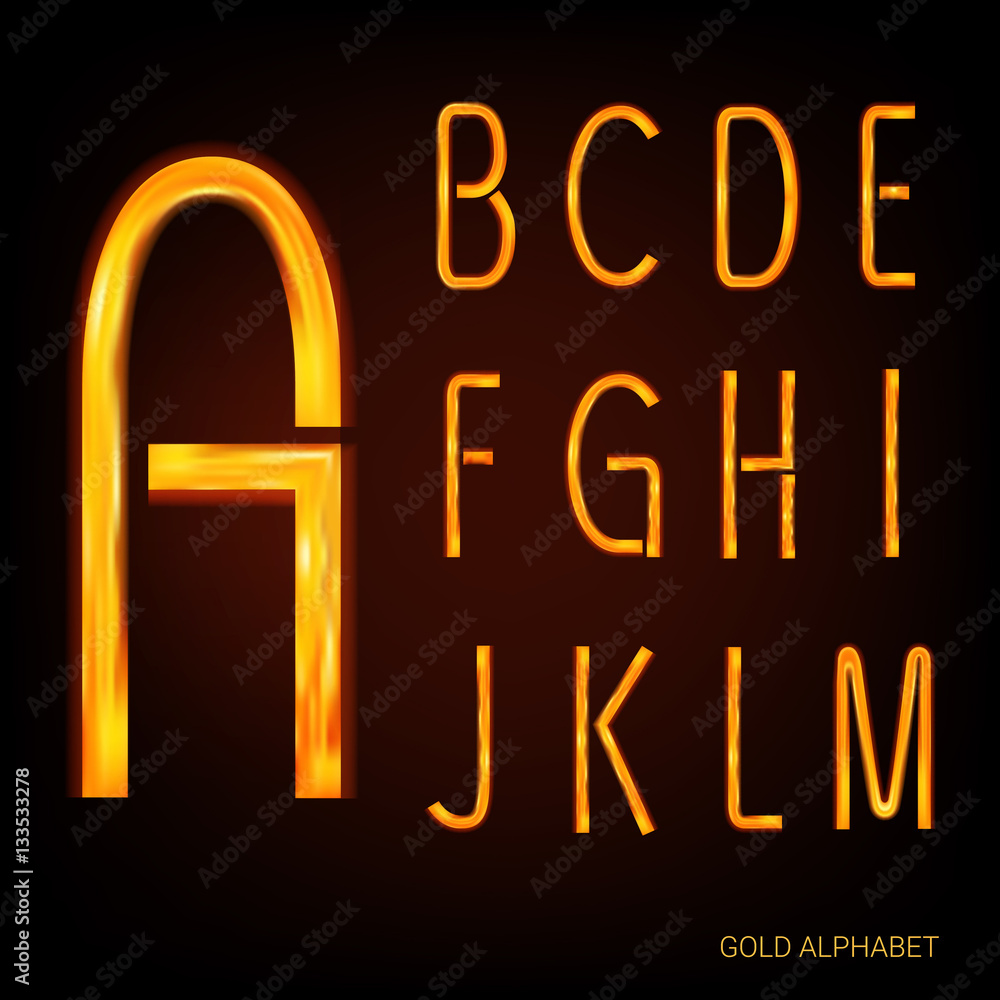 Poster golden vector alphabet. uppercase letters of the english font. isolated objects. glow elements and c