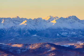 Beautiful winter view of Tatra mountains from Luban .observation tower.