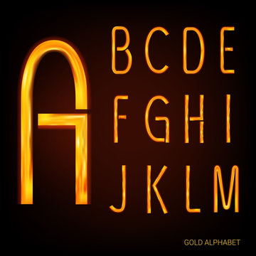 Golden vector alphabet. Uppercase letters of the English font. Isolated objects. Glow elements and color game. Original symbol.